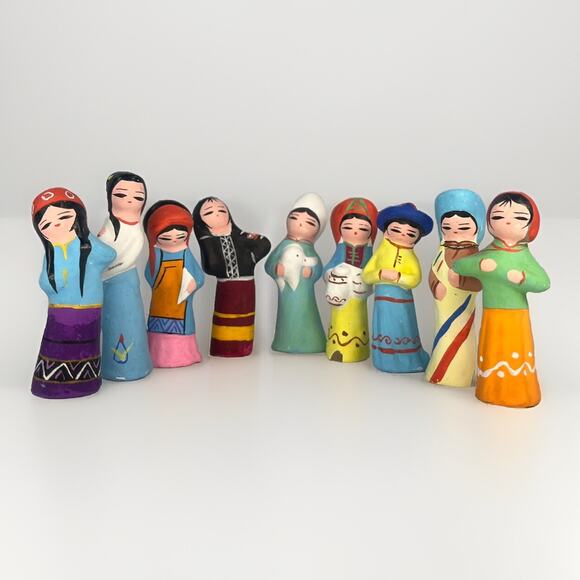 Vintage Chinese Clay Doll Figurines Hand Painted Set of 10 Original Box - Picture 1 of 4